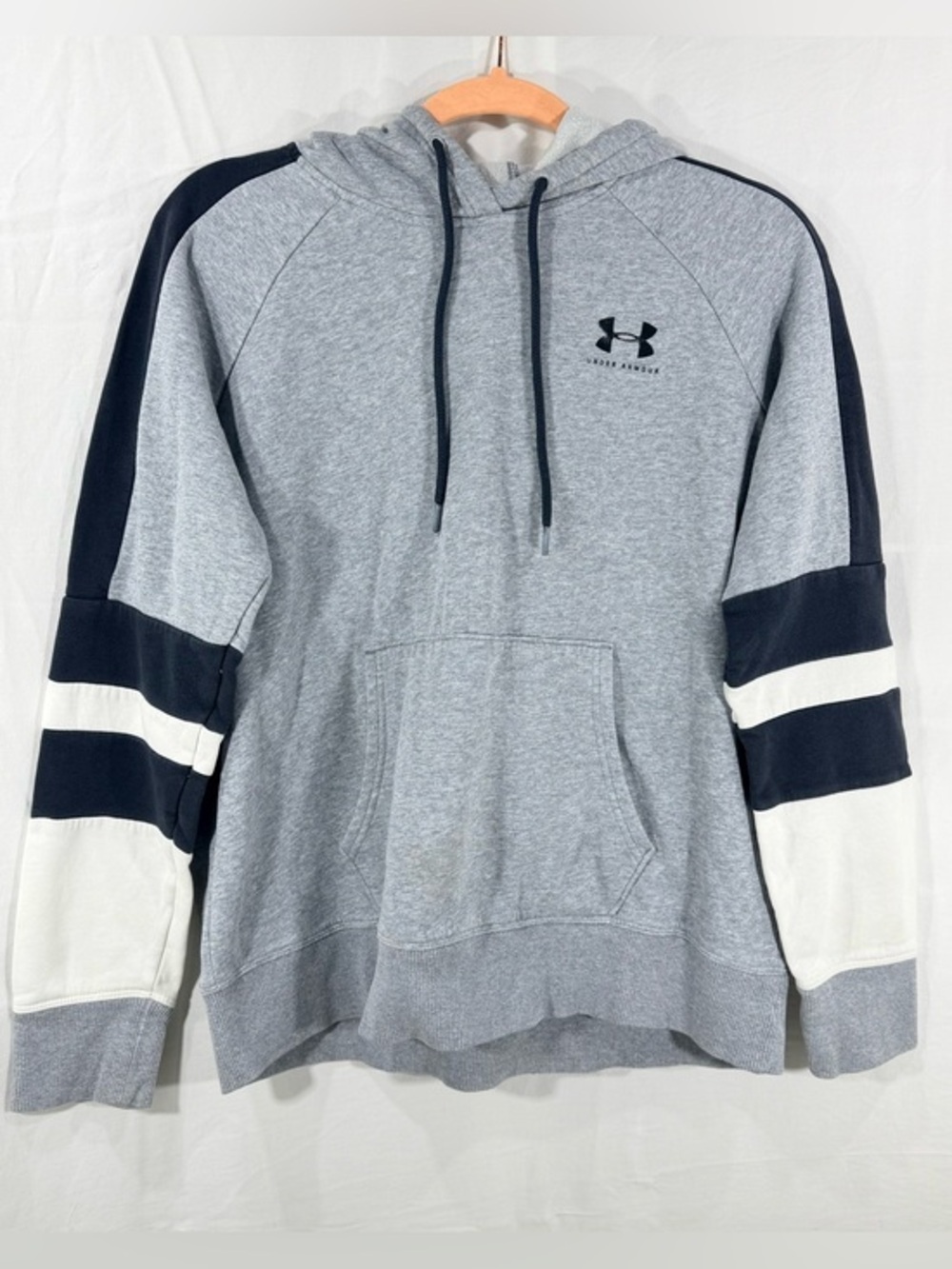 Under Armour Light Gray Hoodie with Navy and White Sleeve Stripes
